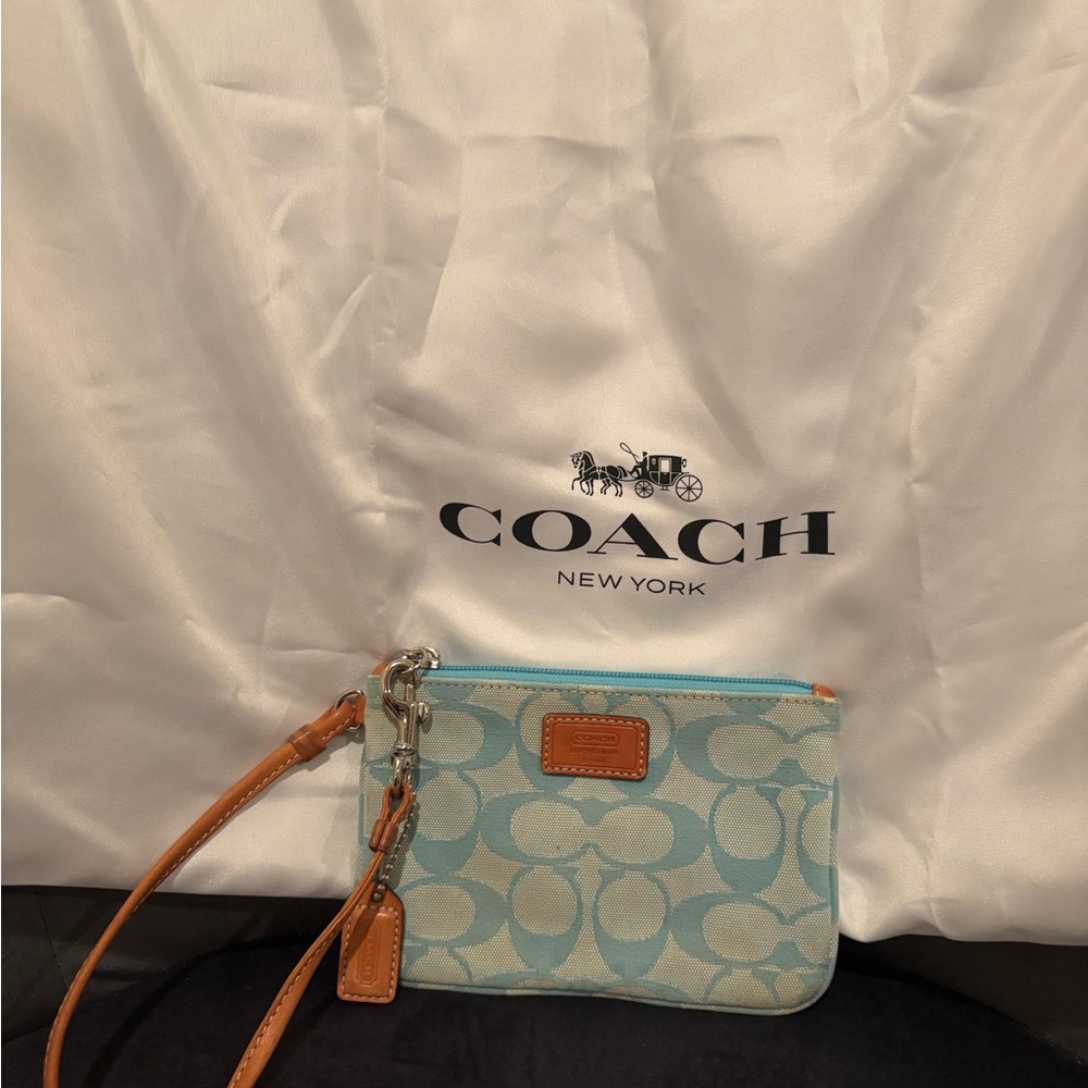 Coach Light Blue and Tan Signature Wristlet